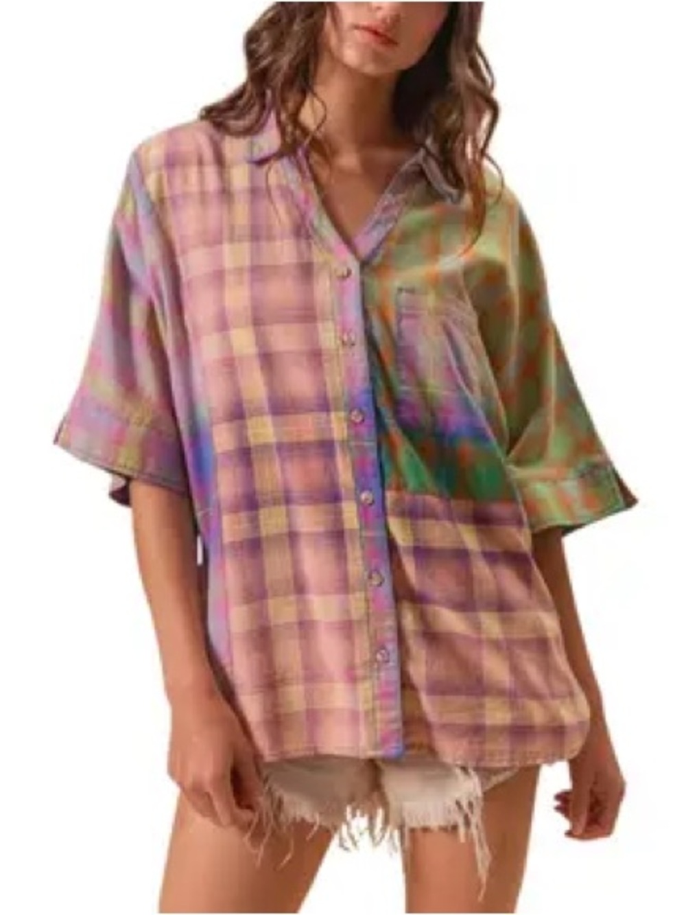 Bibi Boutique Tie Dye Plaid Button Down Top Sz S NWT